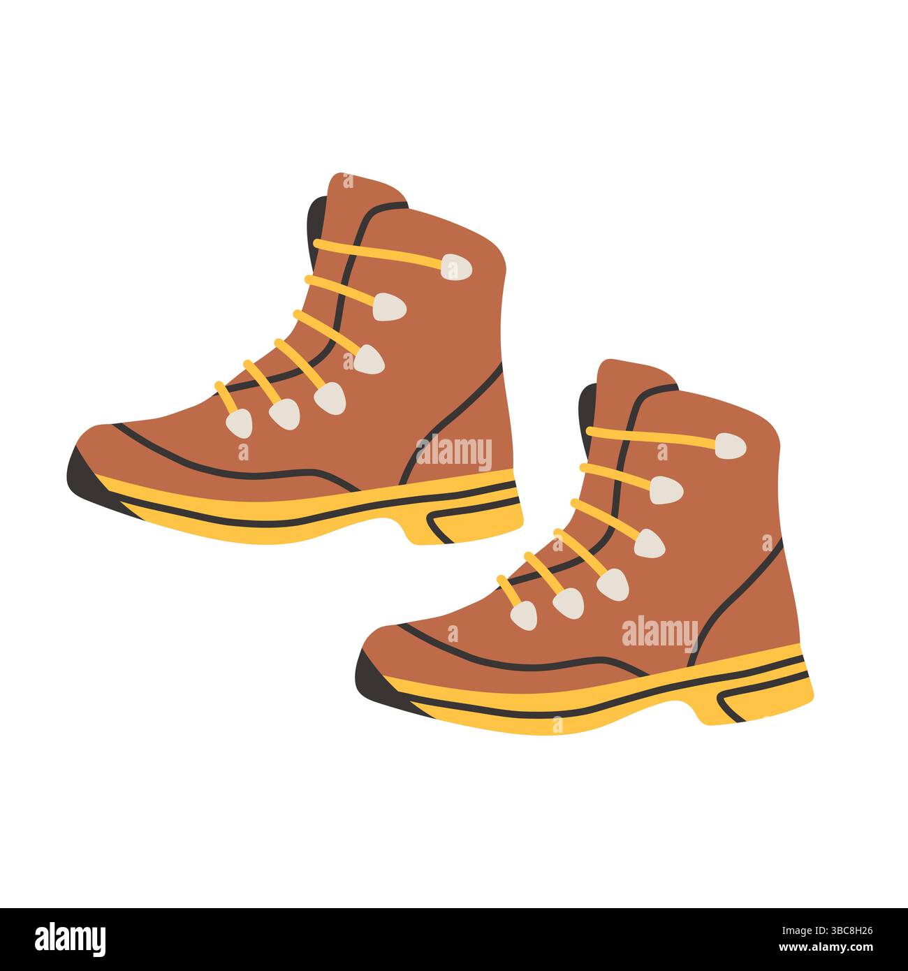 Einfache Wanderschuhe. Hand gezeichnete Vektorillustration von gelben und braunen Reiseschuhen für Tourismus und Camping. Flache Zeichnung von Schuhen für die Reise und Stock Vektor