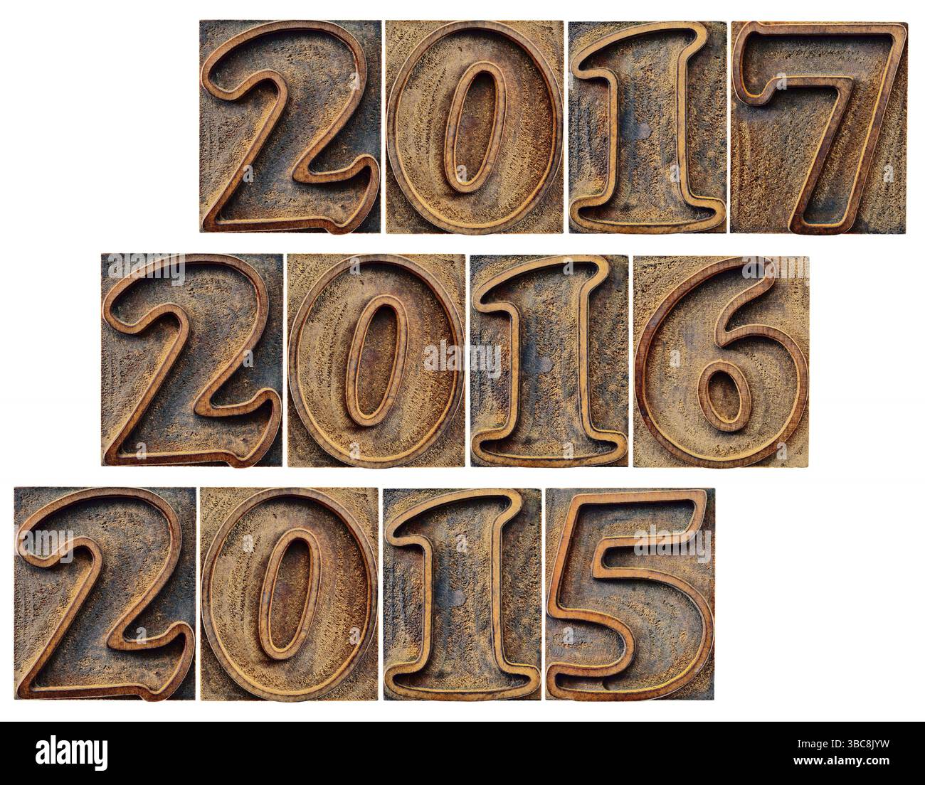 Durchgangs- und Eingangsjahre (2015, 2016, 2017) in Grunge-Buchdruckholz isoliert auf weiß Stockfoto