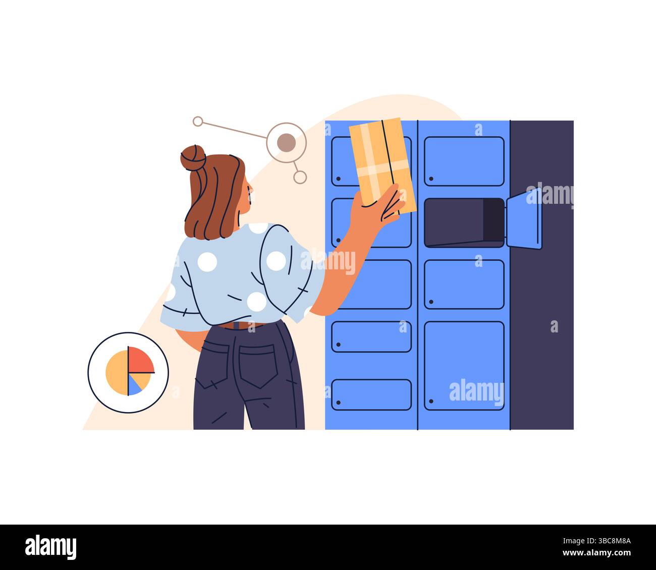 Frau, die Postfächer in der Posteinrichtung oder im Postzentrum benutzt. Vektorzeichen für den Empfang von Post und Paketen, Korrespondenz. Postversand und Zustelldienst. Paketabholung oder Postaufbewahrung. Stock Vektor