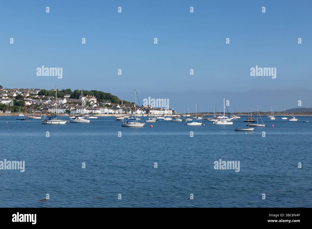 Ein Blick über den Fluss Torridge nach Appledore mit den Booten, die in der Morgensonne im Mai ankern Stockfoto