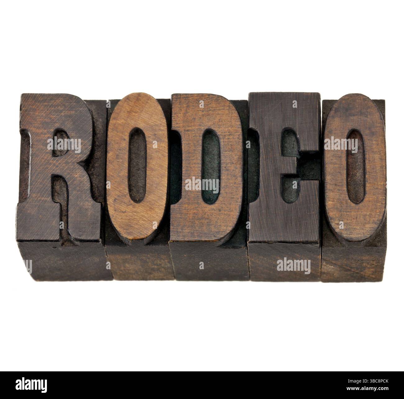 Rodeo – isoliertes Wort in Vintage-Buchdruckholz, französische Clarendon-Schriftart, beliebt in westlichen Filmen und Erinnerungsstücken Stockfoto