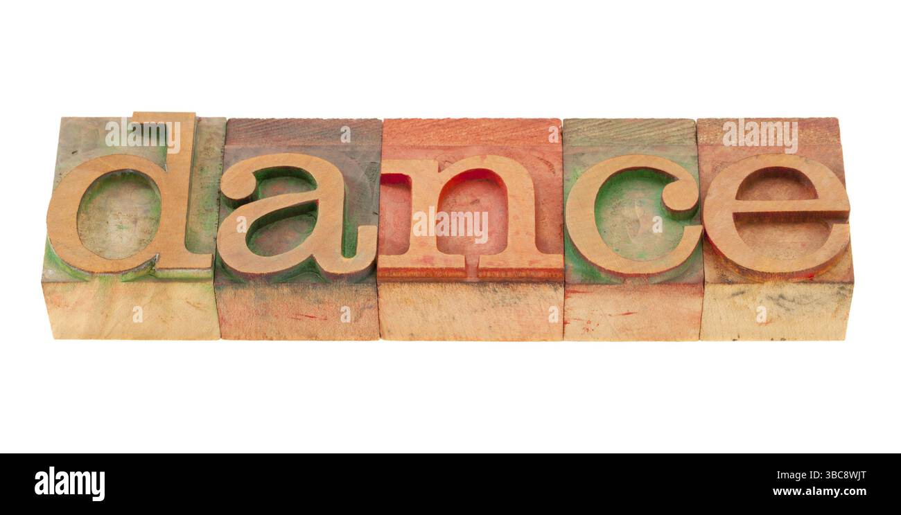 Tanzwort in Vintage-Buchdruckblöcken aus Holz, isoliert auf weiß Stockfoto