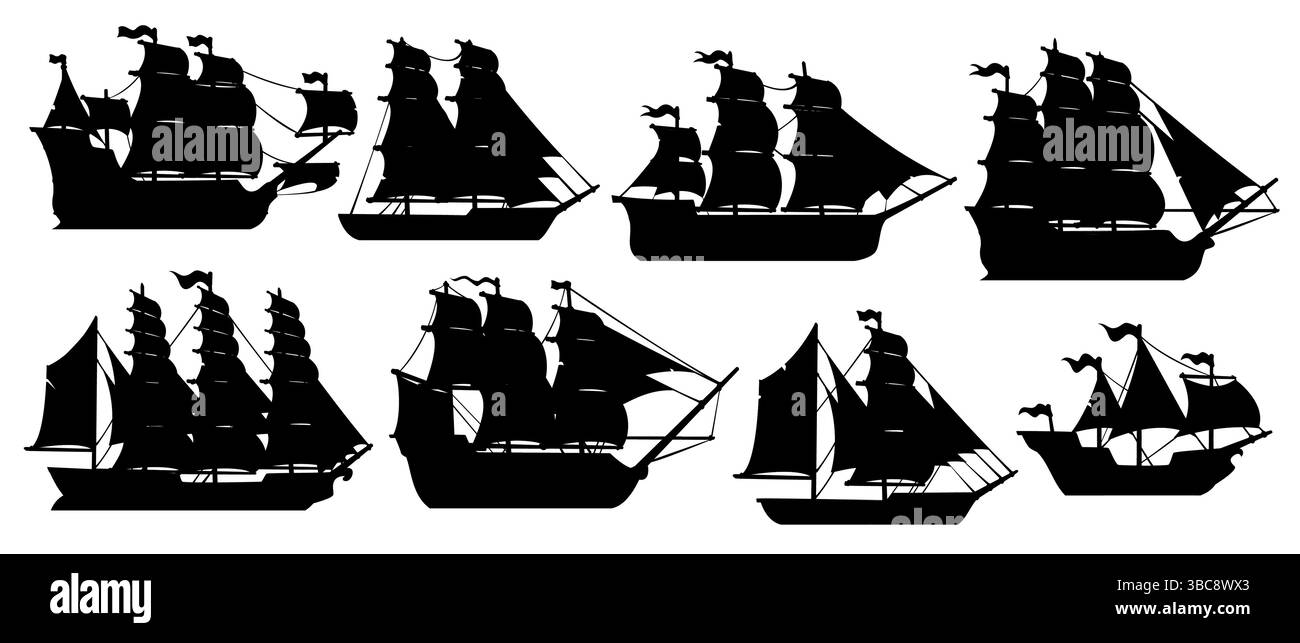 Piratensegelschiffe Silhouetten von Korsair-Segelbooten und Fregattbooten, Vektorset. Silhouetten von Piratenschiffen, Korsair-Kriegsschiffen mit schwarzen Segeln und Flaggen, Schlachtschiff-Booten und Barken Stock Vektor
