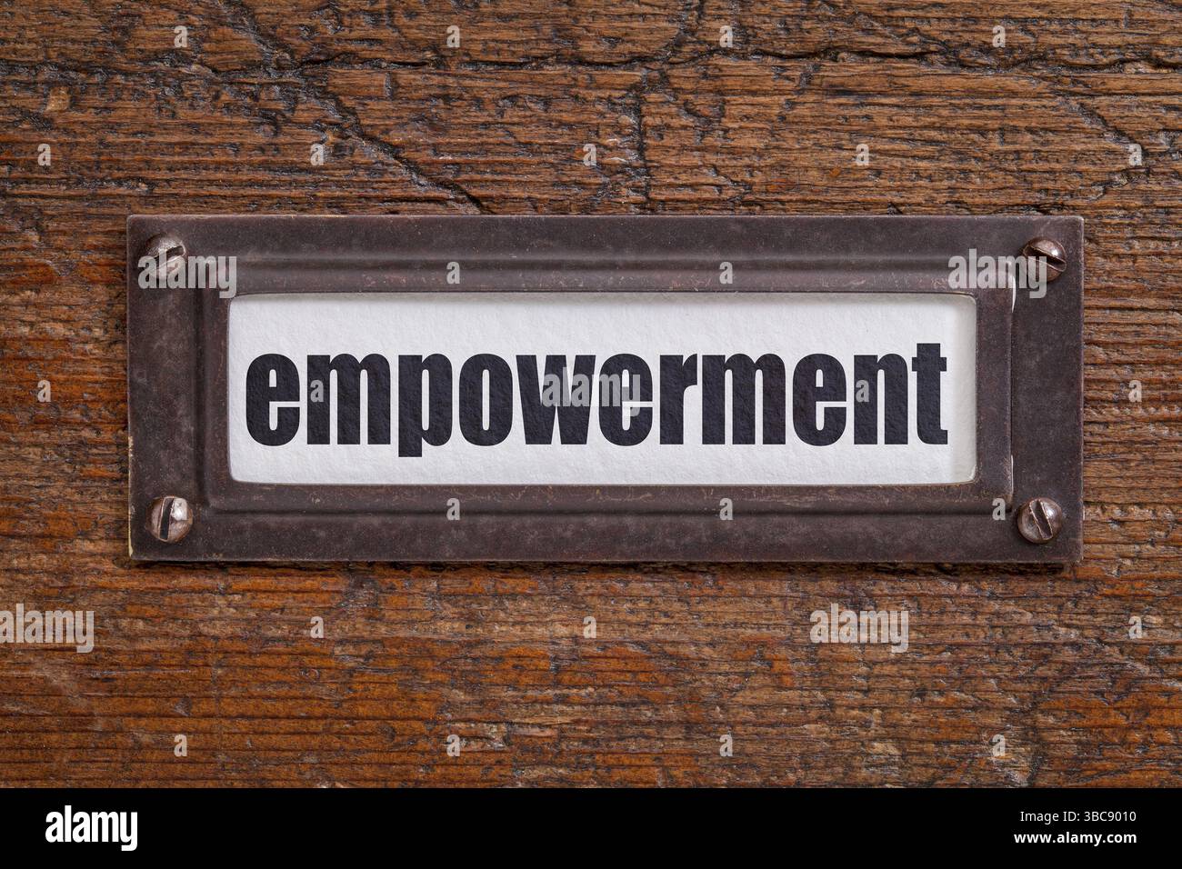 Empowerment – Aktenschranketikett, Bronzehalter gegen Schmirgeln und zerkratztes Holz Stockfoto