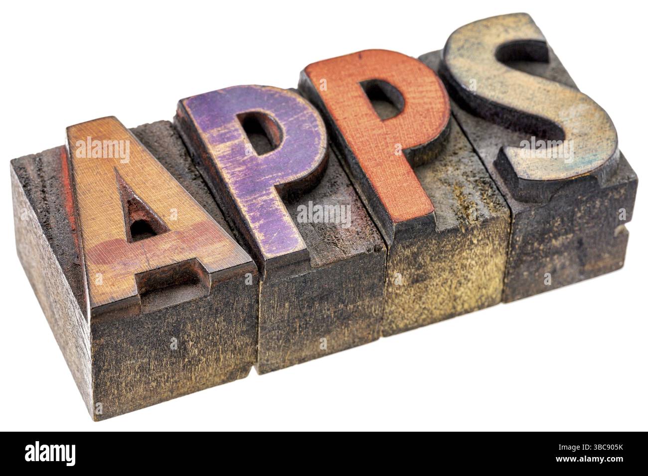 Apps – Anwendungssoftware für mobile Geräte – isoliertes Banner in Vintage-Buchdruckform aus Holz, gebeizt mit Farbtinten Stockfoto