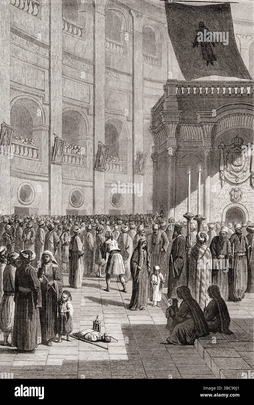 Inneres der Grabeskirche, auch bekannt als Auferstehungskirche, christliches Viertel, Altstadt von Jerusalem, 19. Jahrhundert. Die Kuppel, das Grab, das Wunder des heiligen Feuers, 19. Jahrhundert. Von den Feierlichkeiten der Karwoche in Jerusalem: Ein Reisetext. In Le Tour du Monde, veröffentlicht 1862. Stockfoto