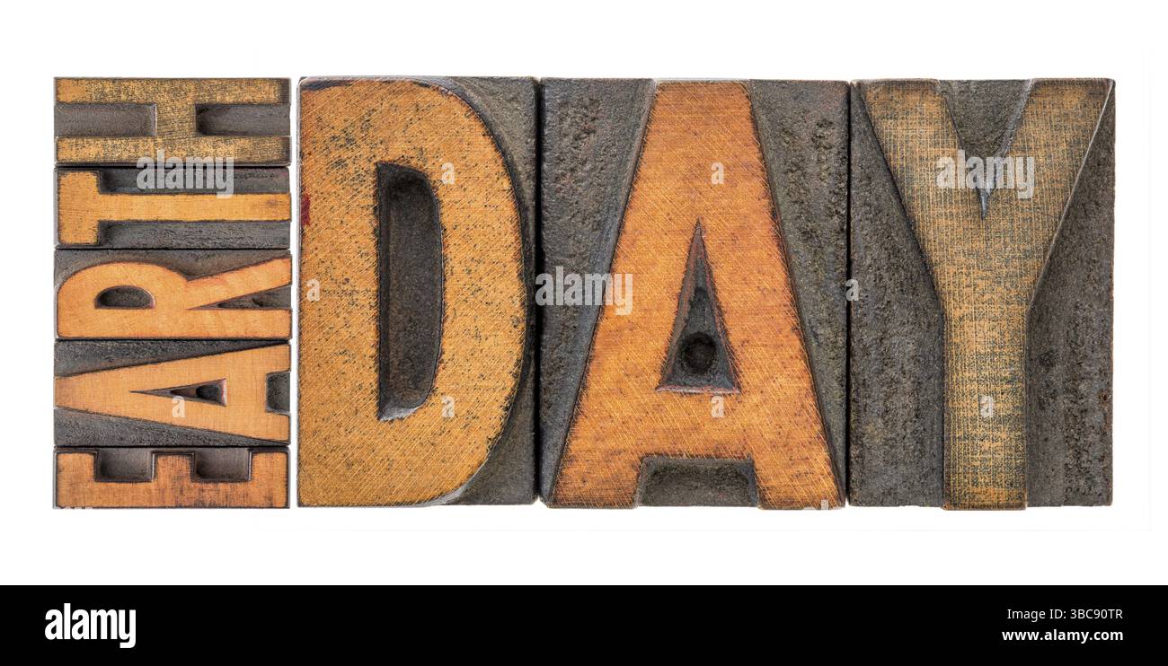 Tag der Erde Banner - jährliche Veranstaltung feierte am 22. April Unterstützung für den Umweltschutz demonstrieren, isolierte Wort Zusammenfassung im Buchdruck Holz Stockfoto