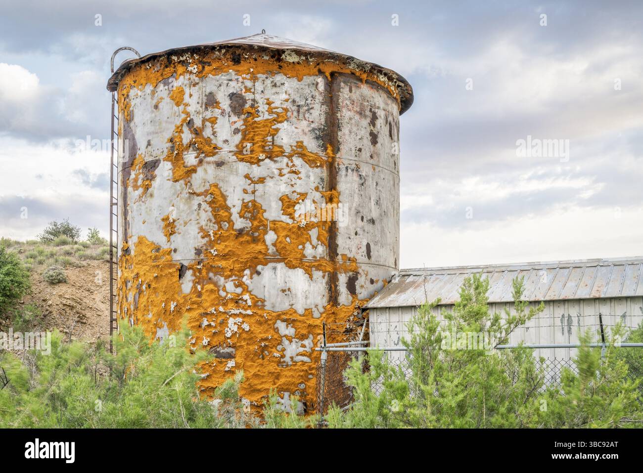 Der alte Wassertank ist von Flechten bedeckt, in der Nähe von Thompson Springs an den Book Cliffs im Osten Utahs Stockfoto