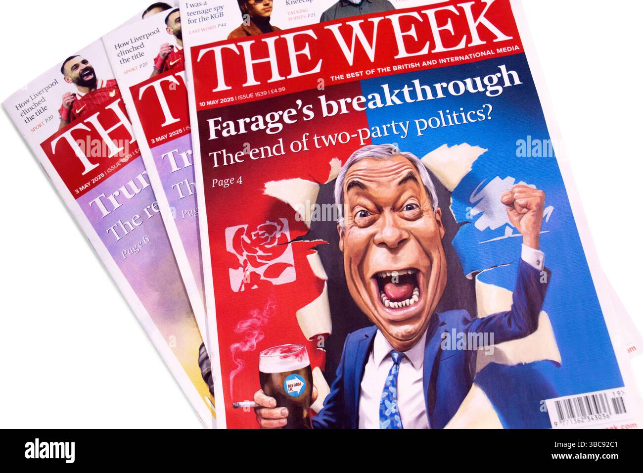Reformier Nigel Farage Cartoon auf dem Cover des Magazins der Woche. Der britische Politiker, bekannt für Rechtspopulismus, Brexit und als ehemaliger Abgeordneter und UKIP Stockfoto
