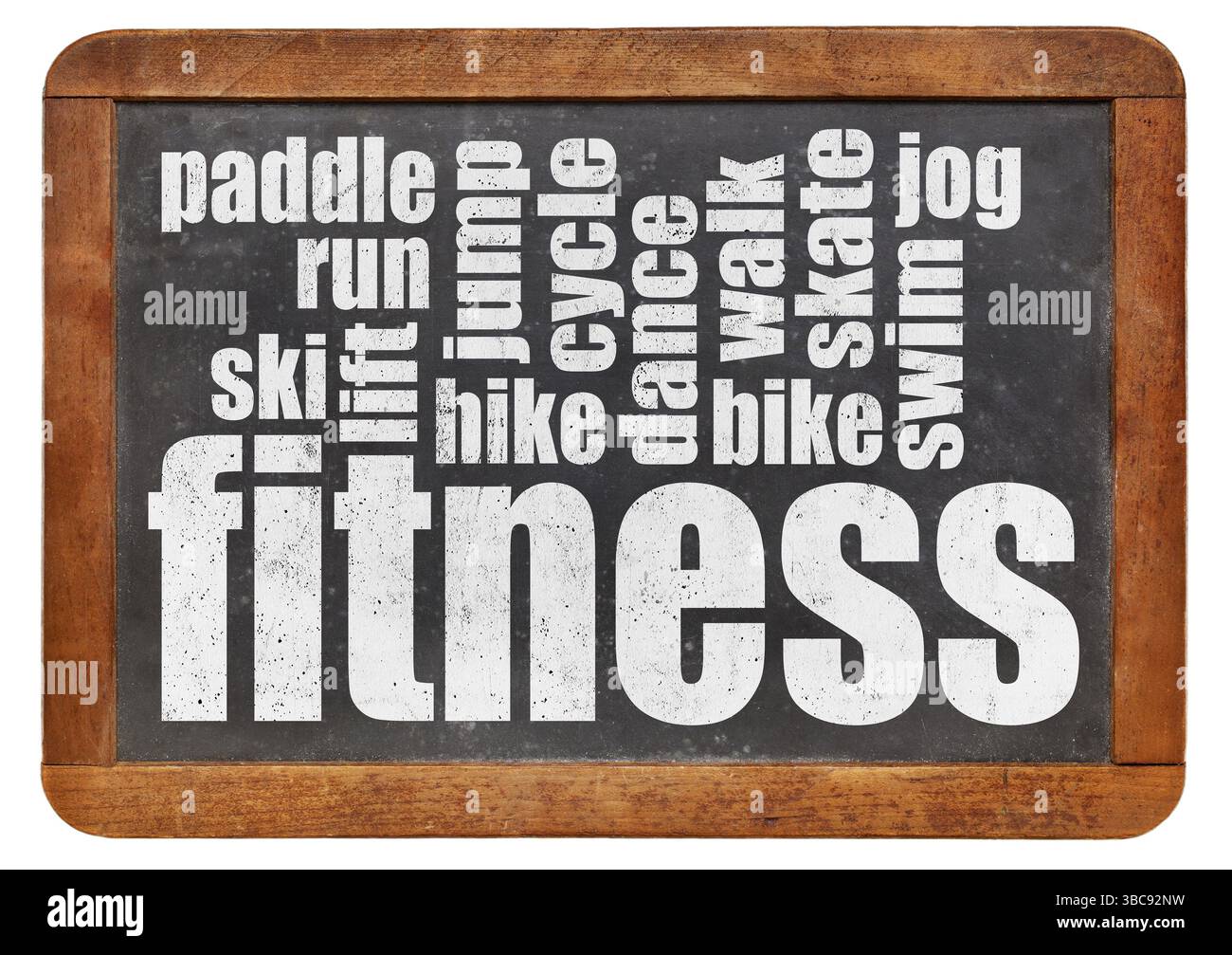 Fitness Wortwolke auf einer alten Schiefertafel isoliert auf weiß Stockfoto