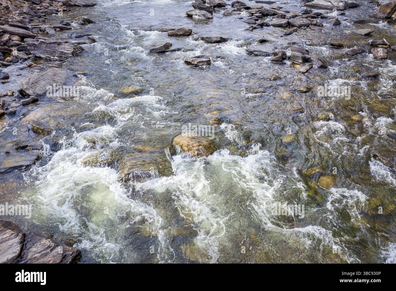 Aus der Vogelperspektive auf einem Bergfluss - Poudre River im Norden von Colorado Stockfoto