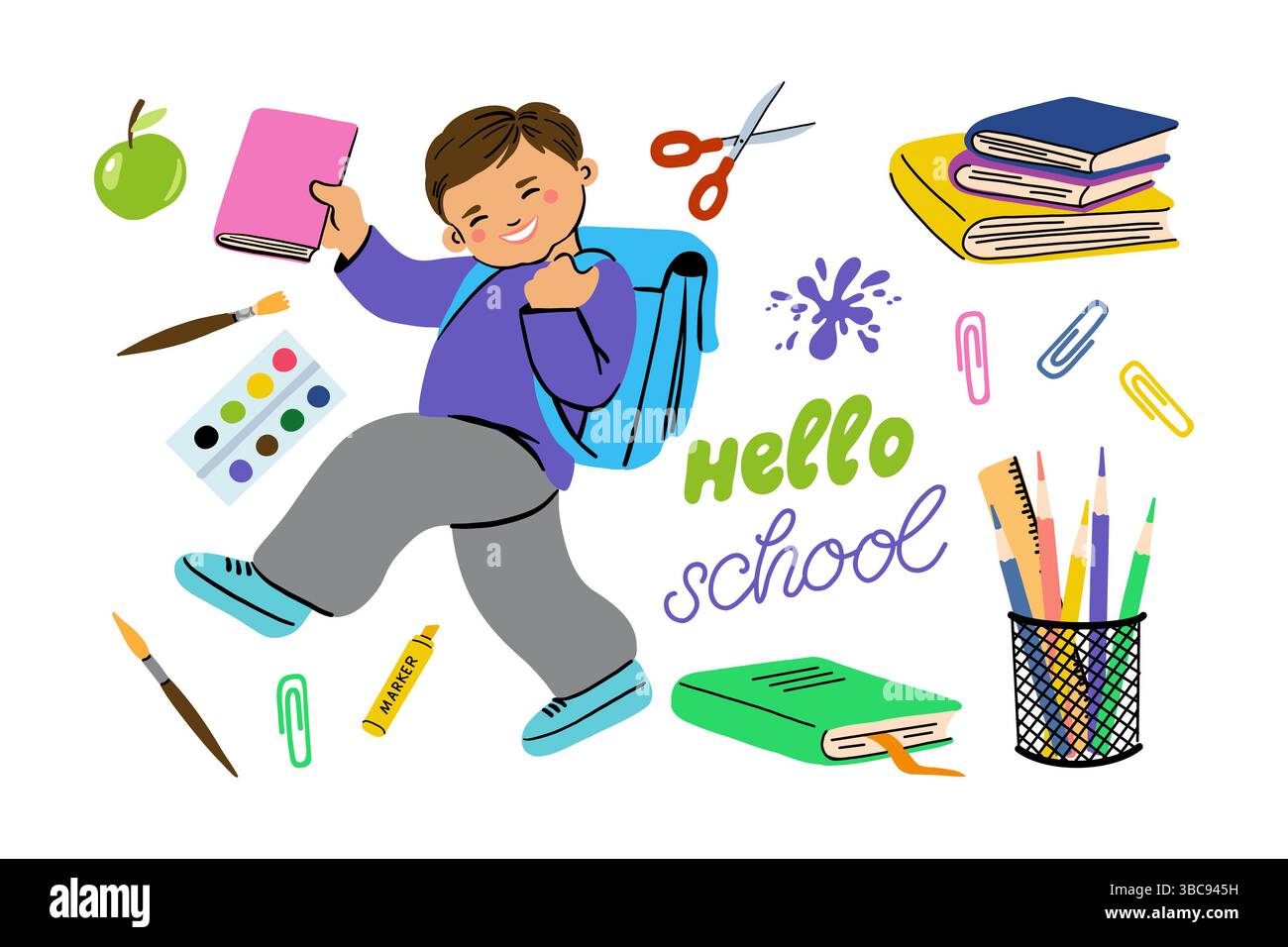 Flache Illustration eines Schülers mit Schulbedarf Stock Vektor