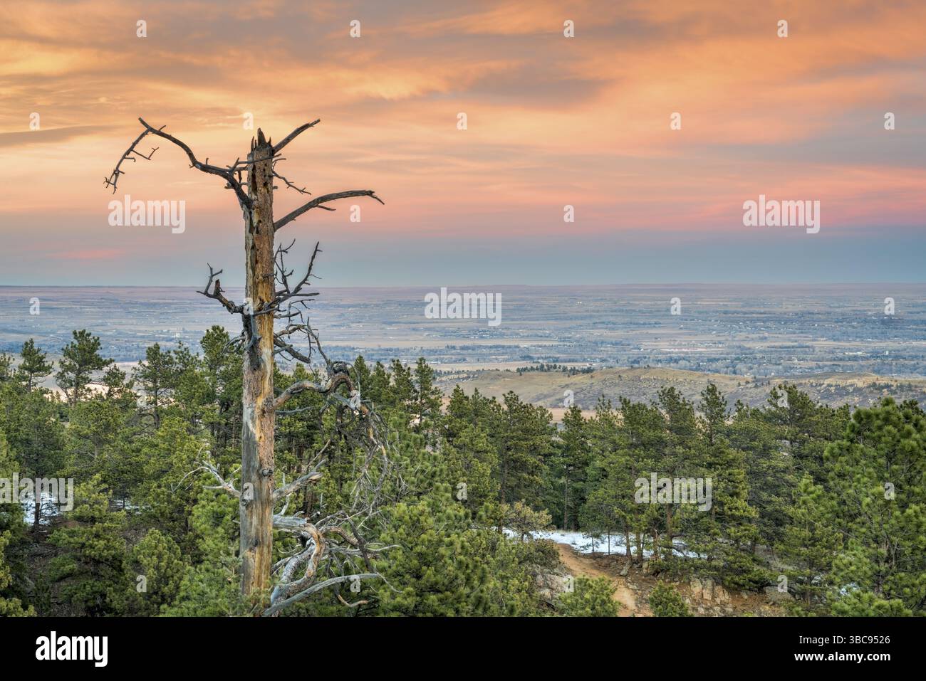Sonnenuntergang über Ebenen und Ausläufern des nördlichen Colorado, vom Horsetooth Mountain aus in der Nähe von Fort Collins Stockfoto