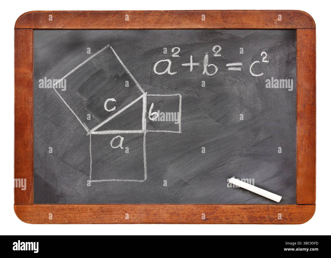 Satz des Pythagoras skizziert mit weißer Kreide auf einer Vintage Tafel isoliert auf weiss Stockfoto