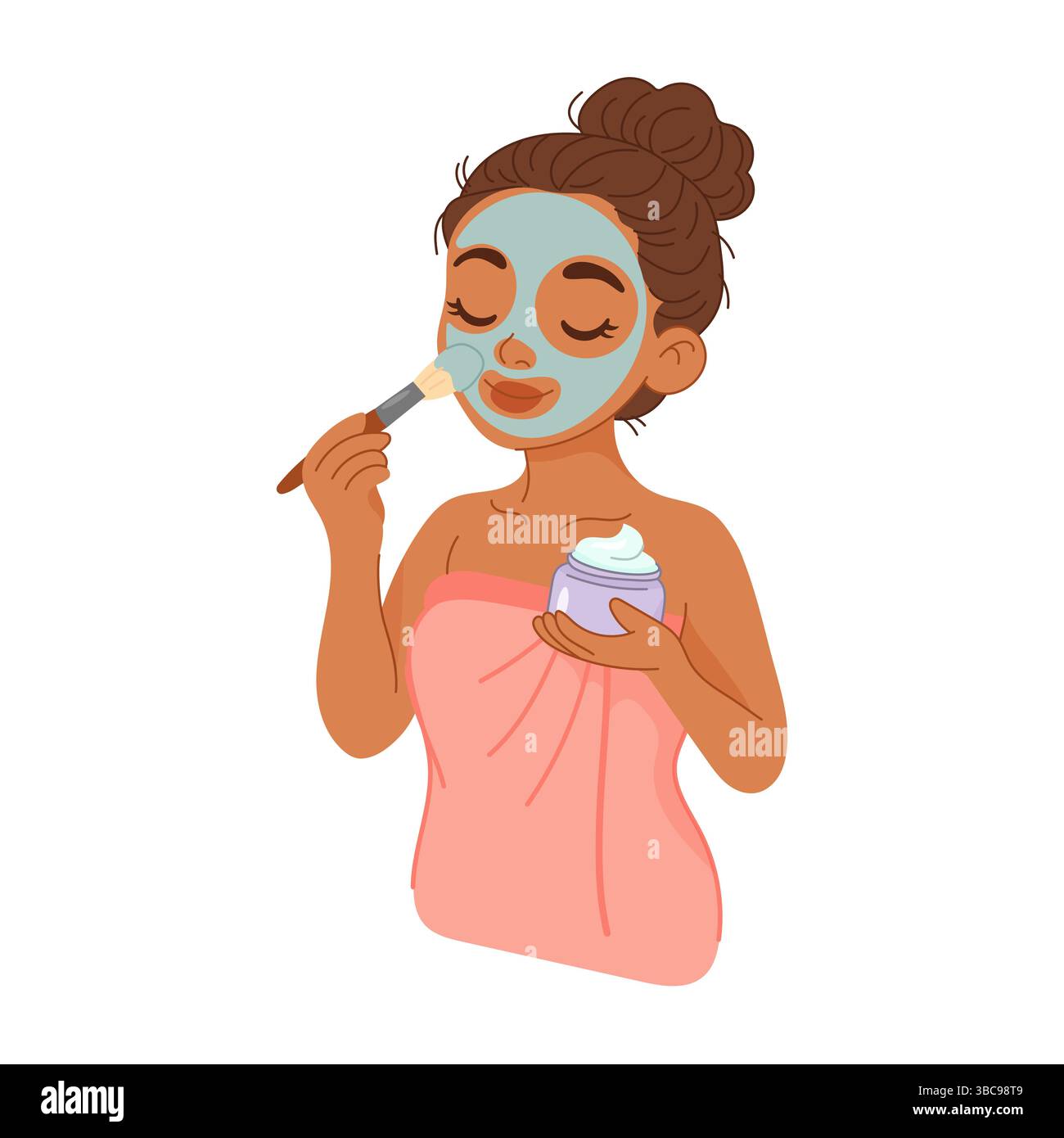 Zeichentrickfigur hält ein Glas und einen Pinsel, während sie sanft die Hautpflegemaske auf das Gesicht aufträgt, die nach dem Duschen in ein Handtuch gewickelt wird. Stock Vektor