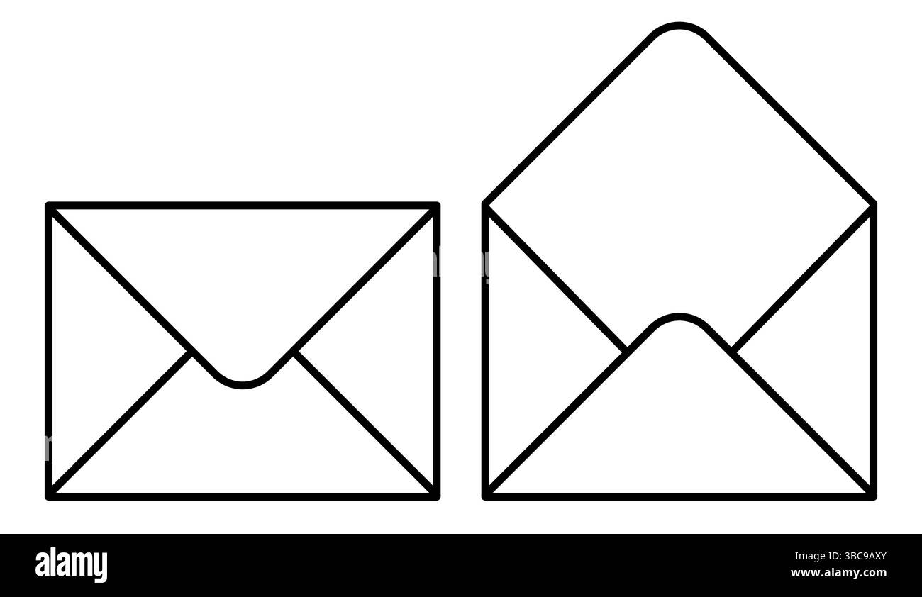Umschlag, Schwarzweiß-Vektor-Illustration von versiegelten und offenen Umschlägen, isoliert auf weiß Stock Vektor