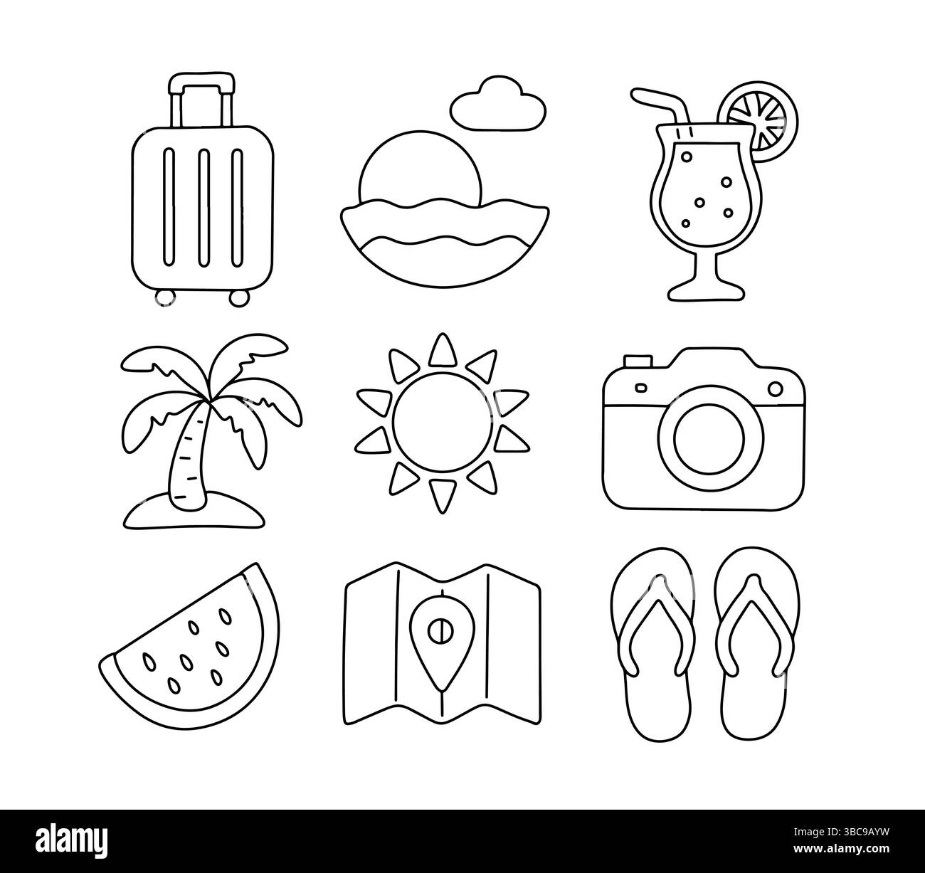 Set handgezeichneter Sommer- und Reisesymbole im Doodle-Stil. Vektor-Sammlung von Liniensymbolen im Urlaubsstil, einschließlich Koffer, Sonne, Kamera, Flipflops Stock Vektor