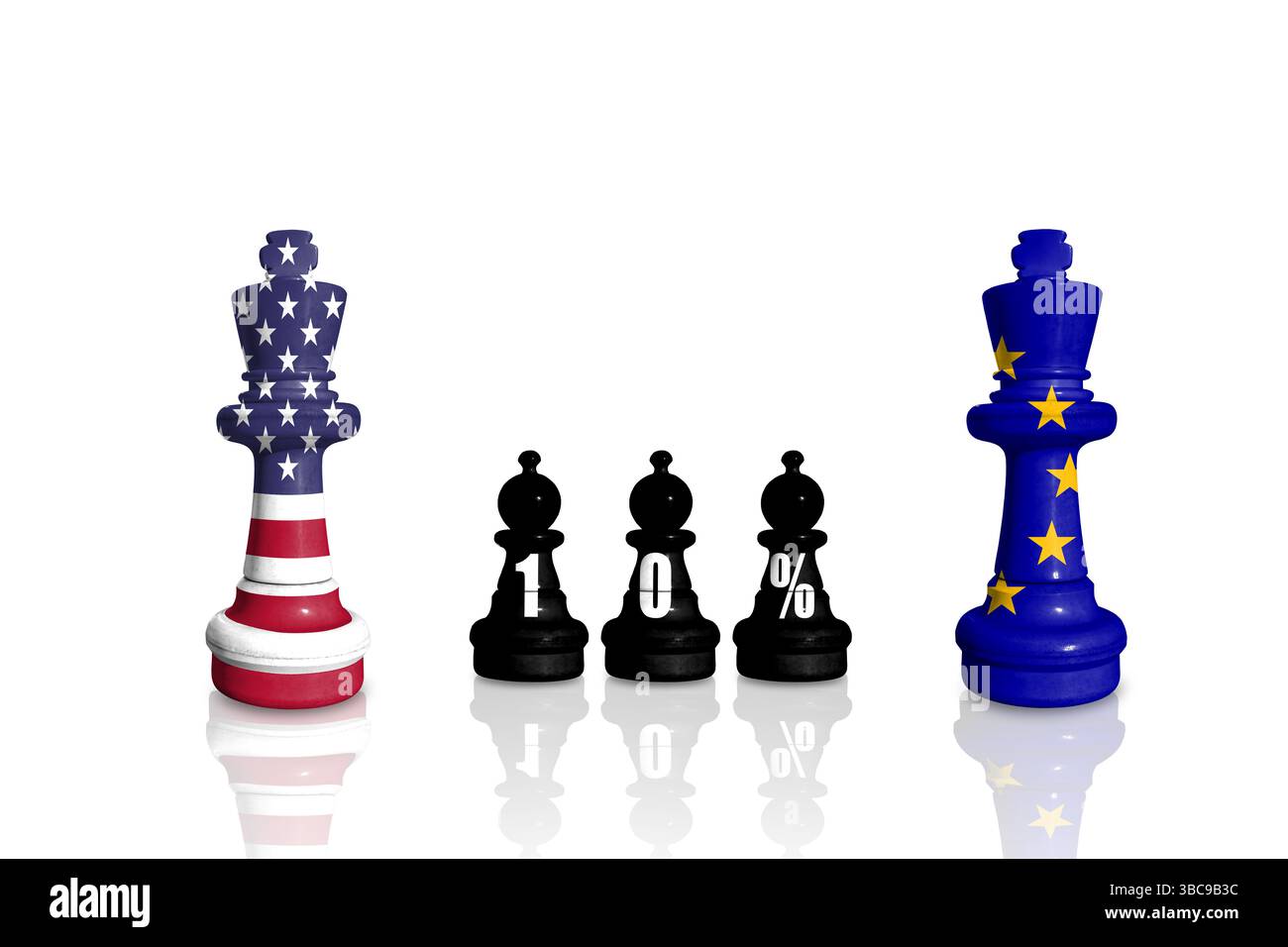 Schach aus EU- und US-Flaggen. Zölle der Europäischen Union und der USA, Handel, Zollkrieg. Tarif 10 % Stockfoto