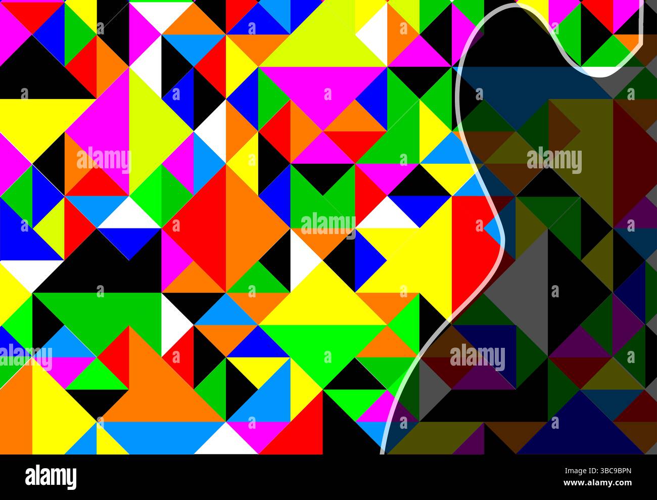 Ein Flickenteppich aus farbigen Dreiecken mit dem Schatten einer Gitarrenüberlagerung. Stockfoto