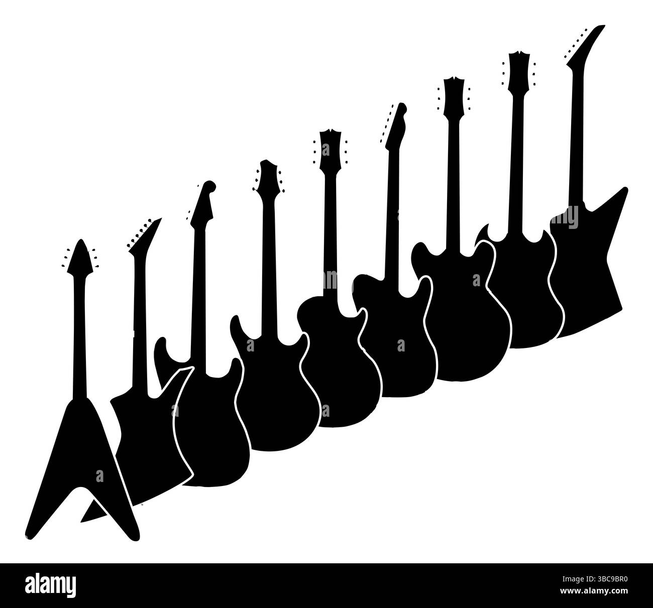 Eine Sammlung von schwarzen Gitarren-Silhouetten auf weißem Hintergrund Stockfoto