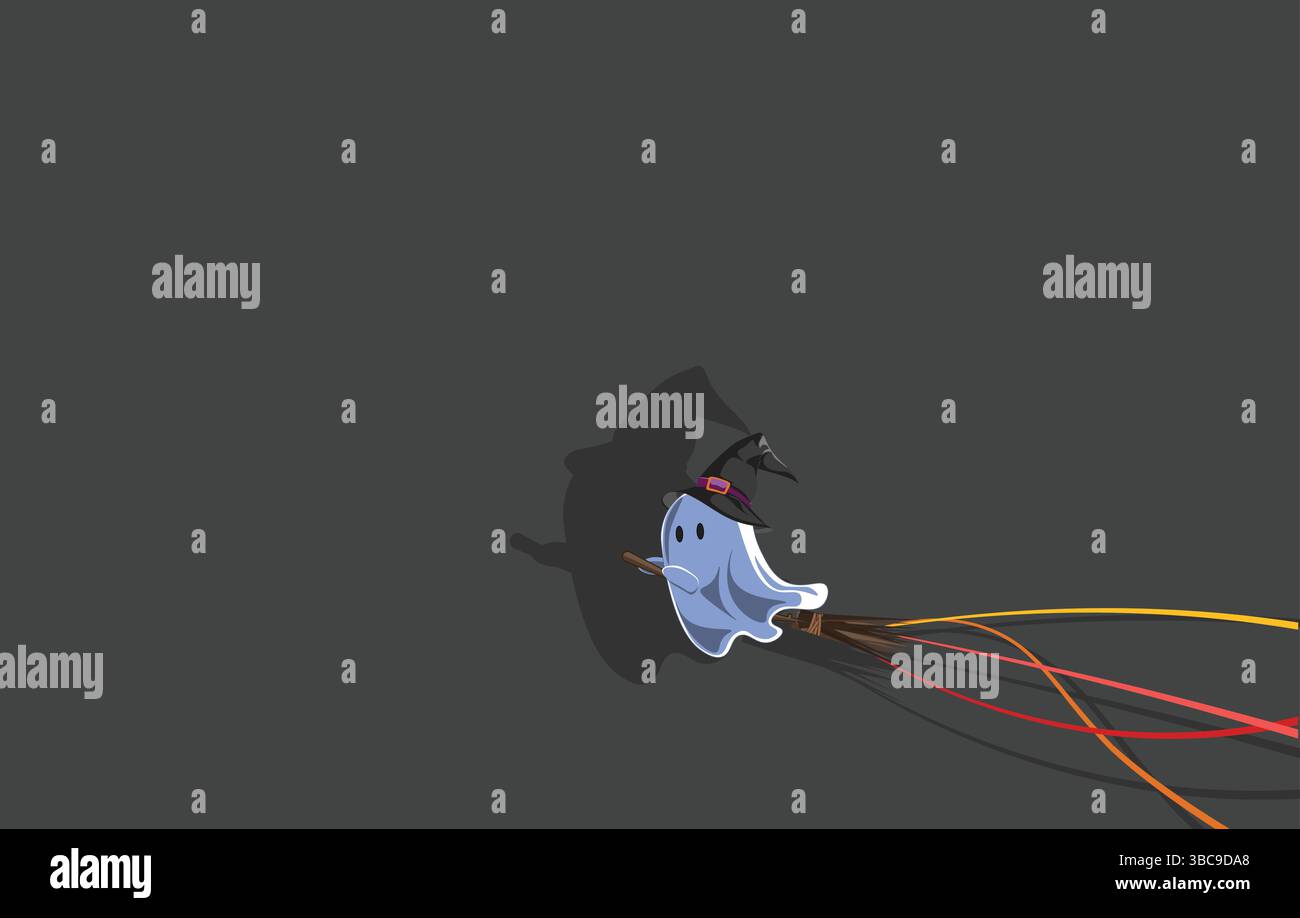 Niedlicher kleiner Geist in weißem Laken, mit Hexenhut und mit einem fliegenden Besen Stock Illustration Hintergrund Stock Vektor