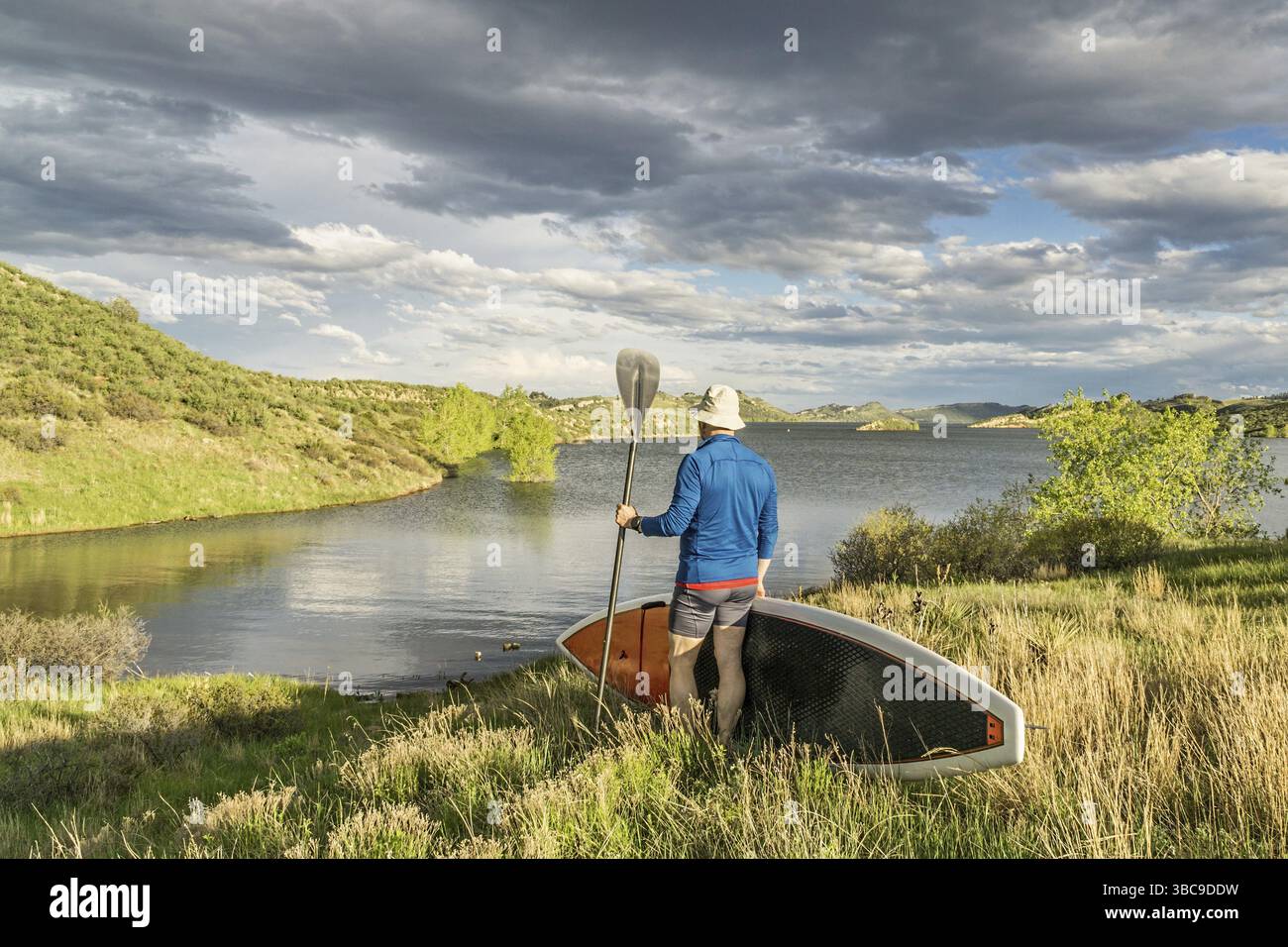 Männlicher Paddler mit Stand Up Paddleboard (SUP) an einem grasbewachsenen Ufer des Bergsees - Horsetooth Reservoir in der Nähe von Fort Collins, Colorado Stockfoto
