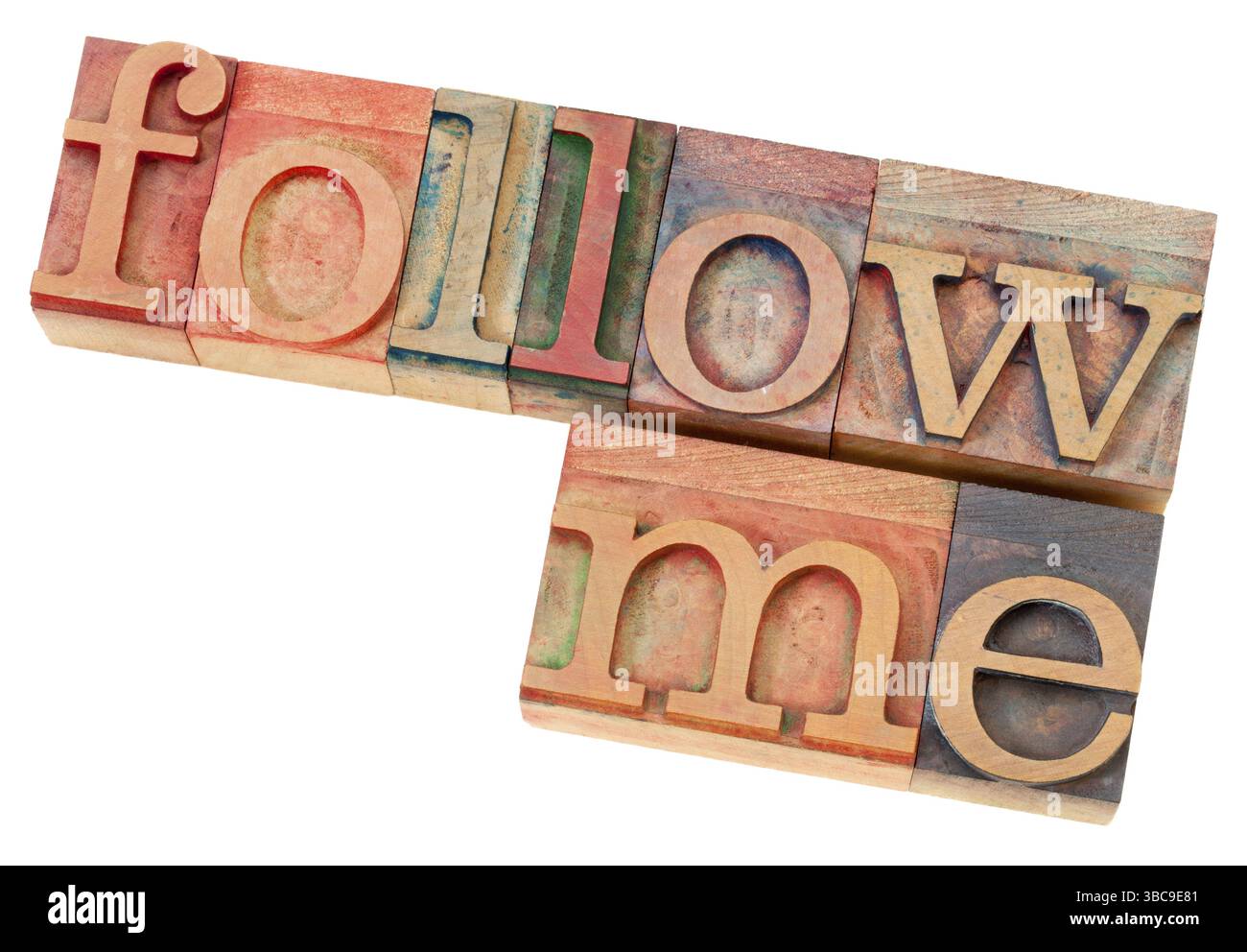 Follow Me – Leadership Concept – isolierter Satz in Vintage-Buchdruckholz Stockfoto