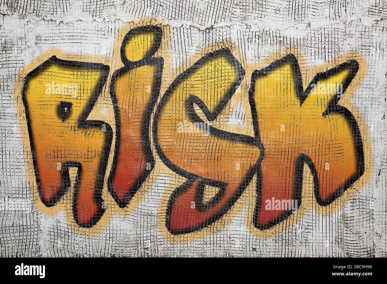 Risikowort - Text im Graffiti-Stil auf einer alten Grunge-Gipswand Stockfoto