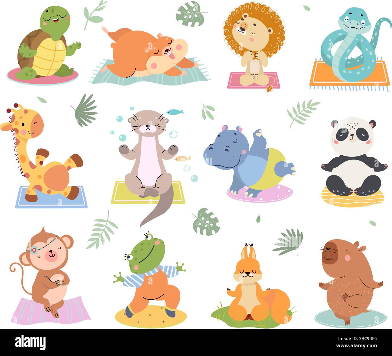 Tier-Yoga. Zeichentricktiere beim Pilates-Training, Dehnen und Meditation. Trainiere ruhig, Sportschildkröte Nilpferd-Giraffe-Panda, heute Vektor Stock Vektor