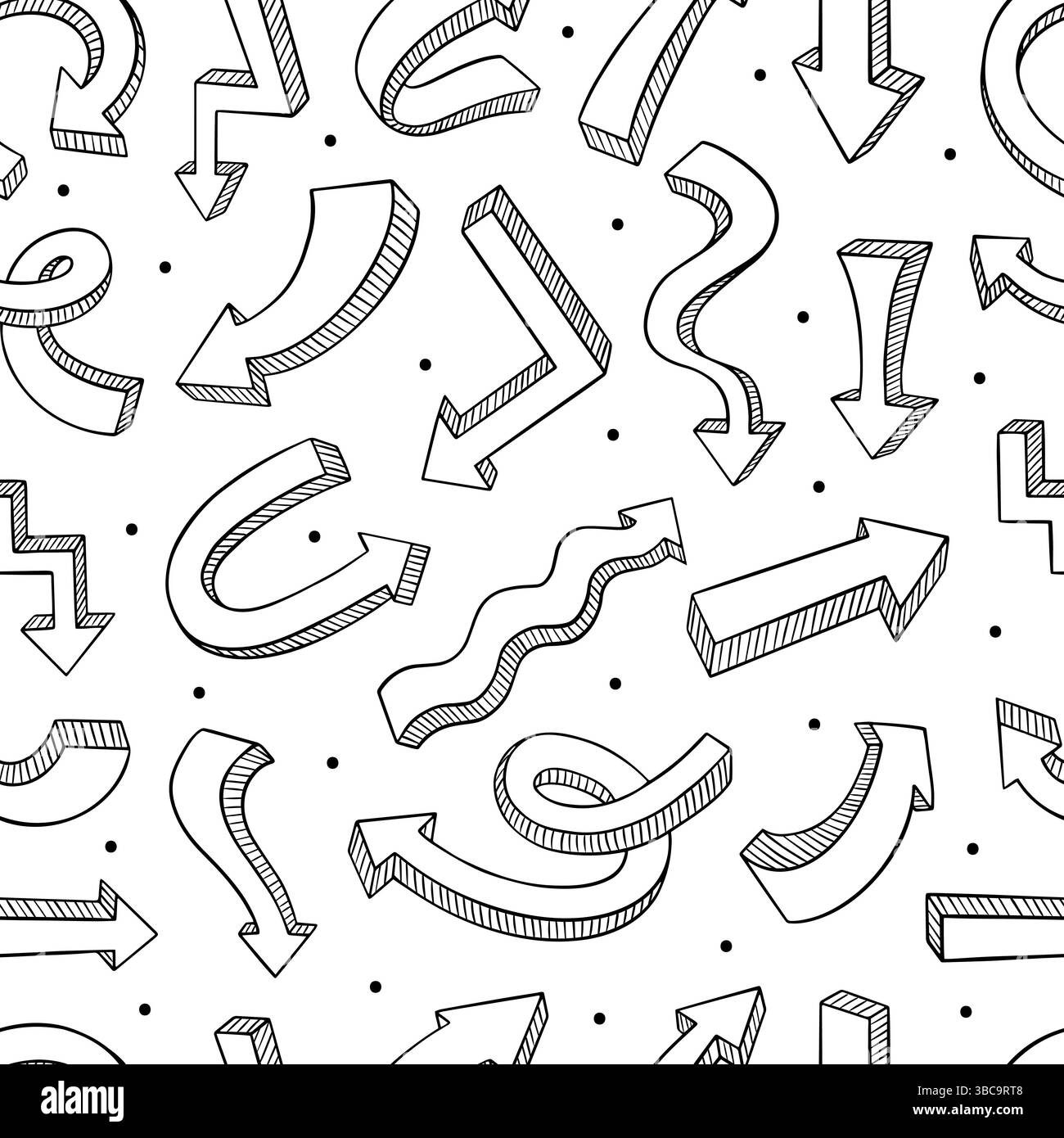 Doodle 3D-Pfeile nahtloses Muster. Handgezeichneter Webhintergrund, Druck für Business Education Management. Stilvoller einfacher dekorativer neoterischer Vektor-Hintergrund Stock Vektor