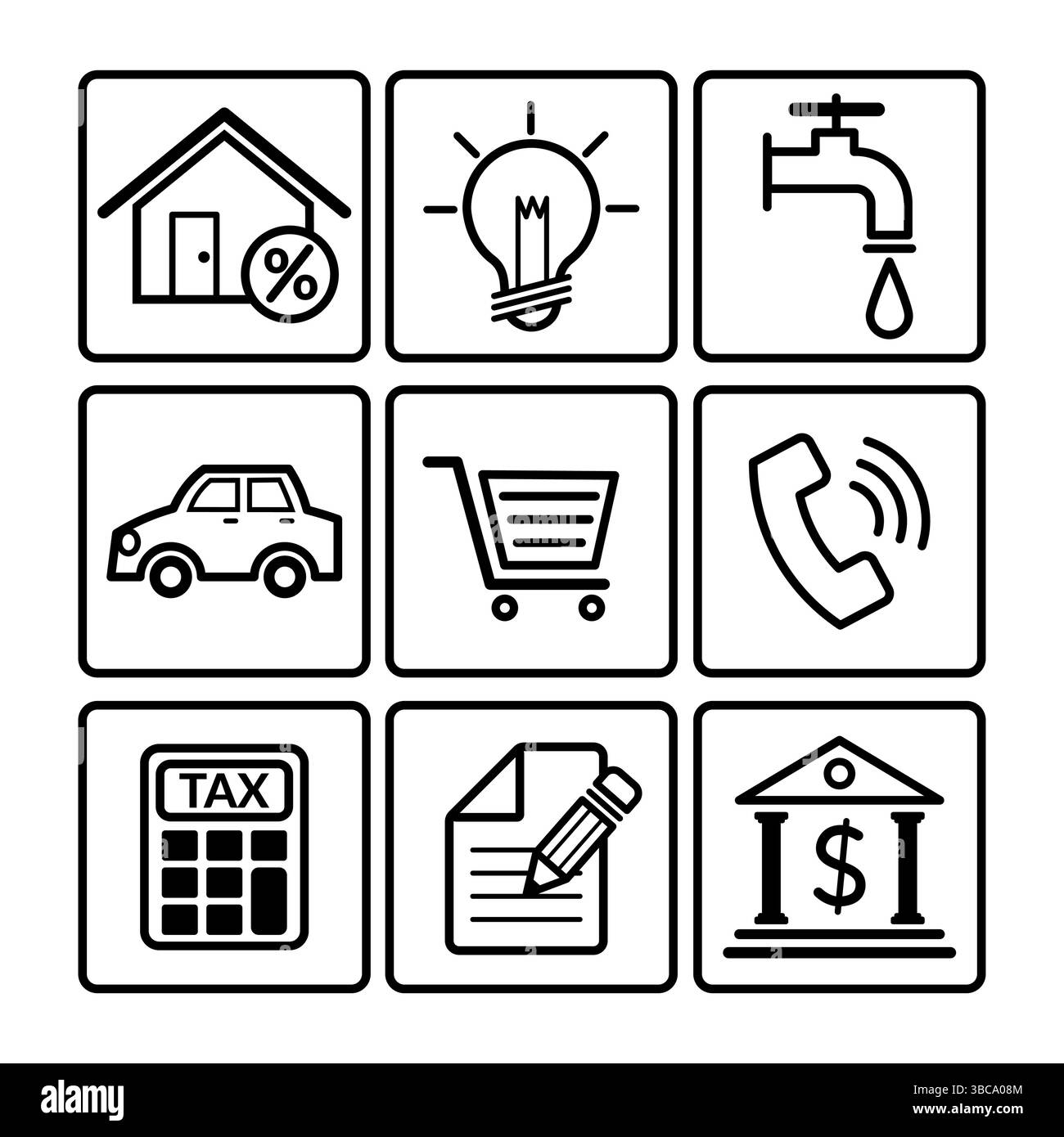 Satz von Zeilensymbolen, die sich auf öffentliche Versorgungsunternehmen beziehen. Hauskredit, Steuern, Stromrechnung, Wasserrechnung, Telefonrechnung, speichern. Vektorabbildung Stock Vektor
