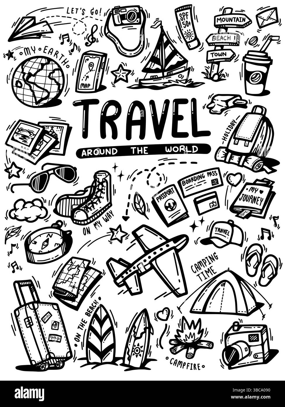 Reisen Sie um die Welt. Icon Set von Elementen für Sommerurlaub Reise, Hand gezeichnete Cartoon Vektor Kritzelumriss, schwarze fette Linie isoliert auf weiß Stock Vektor