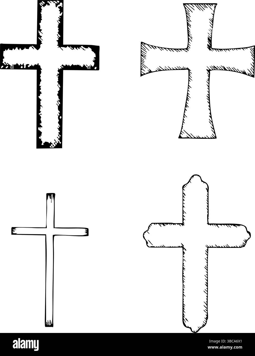 Verschiedene Kreuzdesigns für Erstkommunionfeier und religiöse Themen. Satz katholischer Kreuze. Schwarze Umrisse, weißer Hintergrund. Grafik Stock Vektor