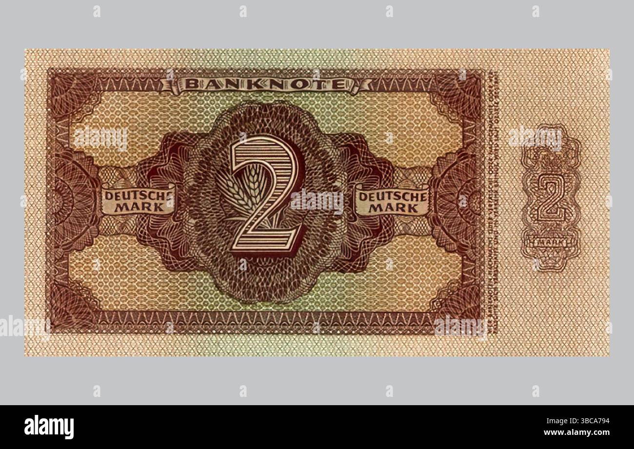 Banknote, 2 Deutsche Mark, 1948, Deutschland, Reproduktion eines historischen Geldscheines REKORDDATUM NICHT ANGEGEBEN Stockfoto