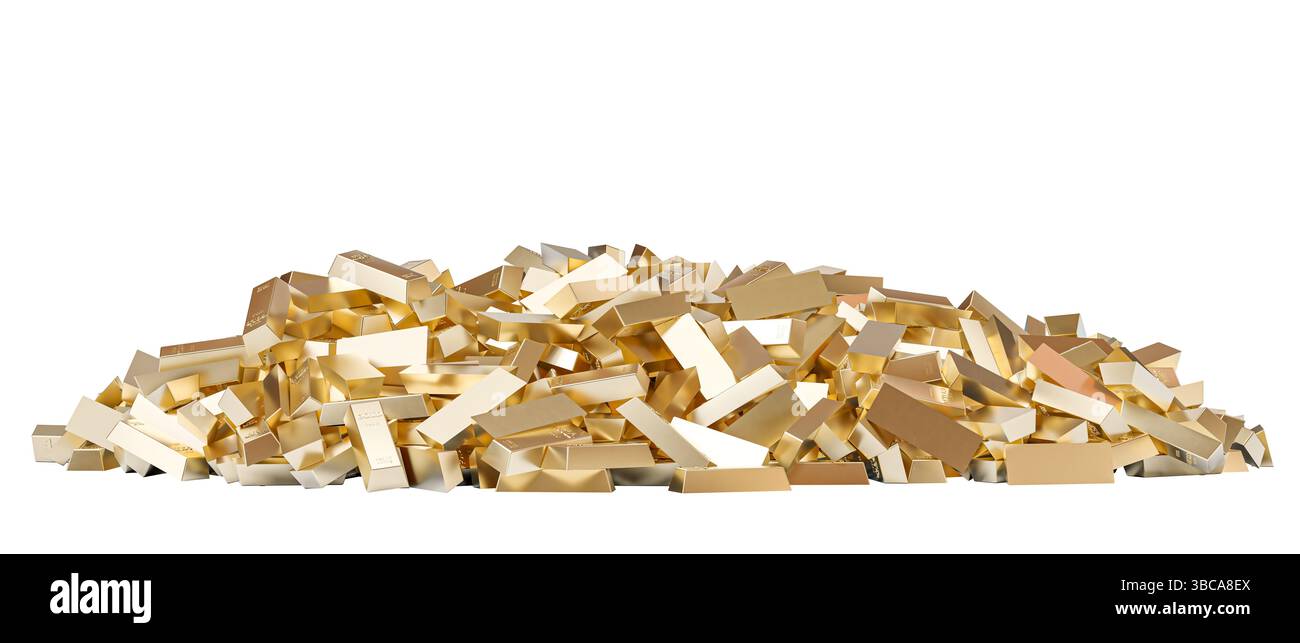 Stapel glänzender Goldbarren auf transparentem Hintergrund 3D Stockfoto