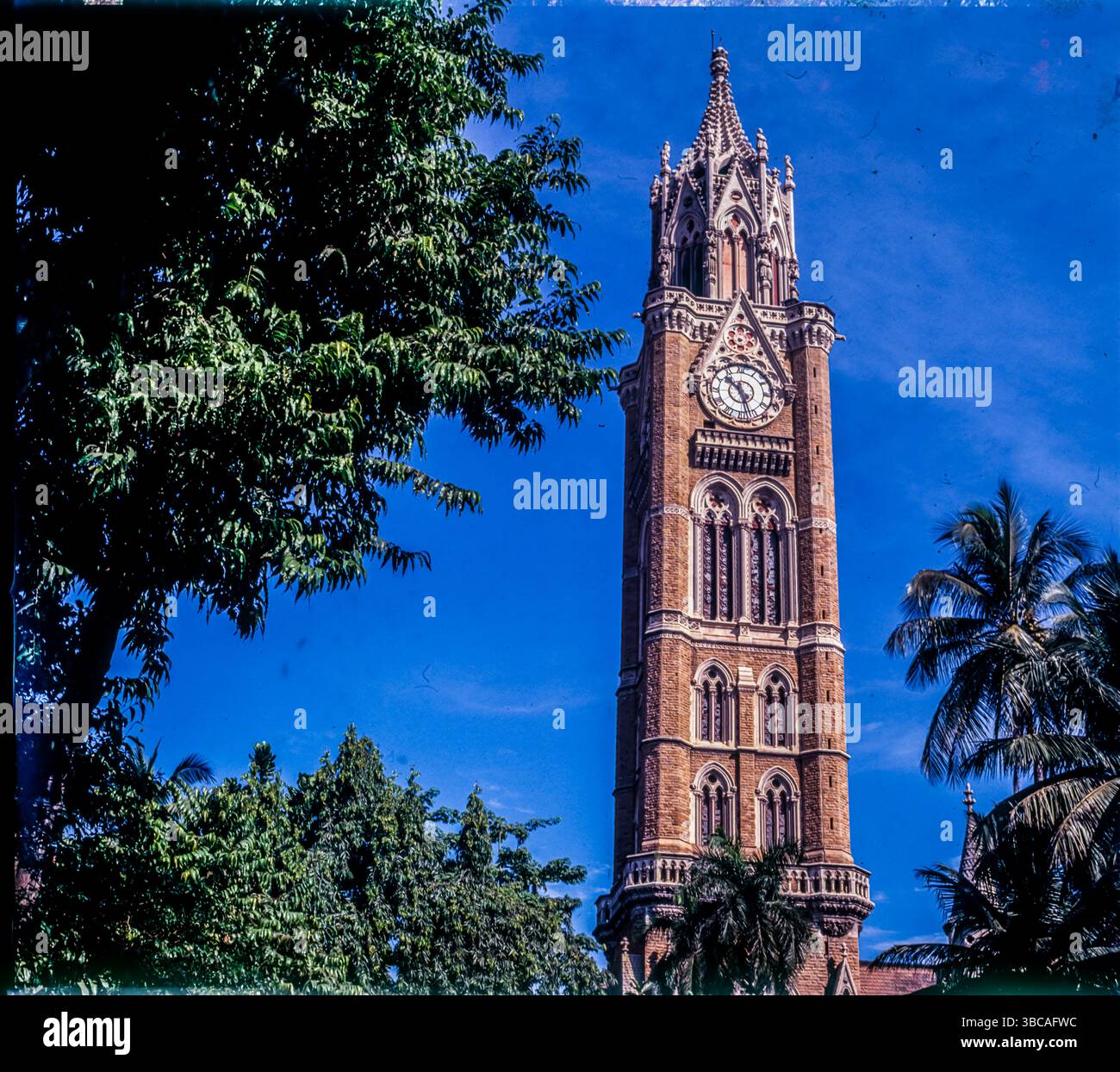 Der Rajabai Tower ist ein Uhrenturm in Süd-Mumbai Indien. Es befindet sich in den Grenzen des Fort Campus der Universität von Mumbai. Er ist auf einer Höhe von 85 m. der Turm ist Teil des viktorianischen und Art Deco Ensemble von Mumbai, das 2018 auf die Liste der Weltkulturerbestätten gesetzt wurde. Stockfoto