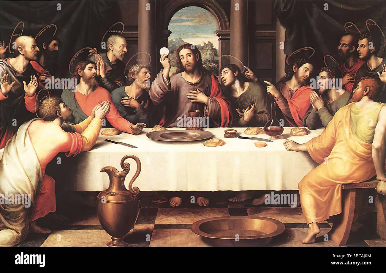 JUANES, Juan de (* um 1523, Fuente de la Higuera, d. 1579, Bocairente) das letzte Abendmahl 1560er-Tafelspiel, 116 x 191 cm Museo del Prado, Madrid im zweiten Drittel des 16. Jahrhunderts geriet eine Reihe spanischer Maler stark unter den Einfluss von Raphael. Typisch in dieser Hinsicht sind in Valencia die Mitglieder der Familie Masip: Vicente Masip und sein Sohn Juan Juanes (Vicente Juan Masip). Die Arbeit des letzteren, meist später als 1550, zeichnet sich durch eine gewisse formalistische Ausgestaltung der Anweisungen seines Vaters aus und fehlt keinesfalls an Anmut oder Geschick. Juan d Stockfoto