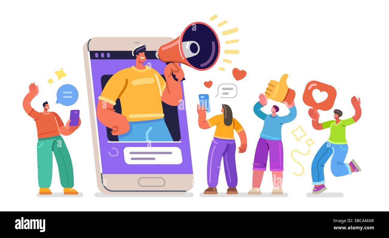 Influencer interagiert online mit Followern. Beeinflussung und Marketing durch soziale Medien. Mann mit Megaphon. Digitales Geschäft Stock Vektor