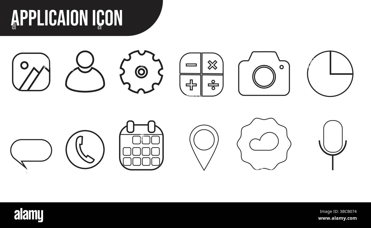 Minimalistische Black Line App Symbole für UI und UX Design Anwendungssymbol CAMRA Rechner Einstellung Profil Uhr Foto Mikrofon Wetterposition Stock Vektor