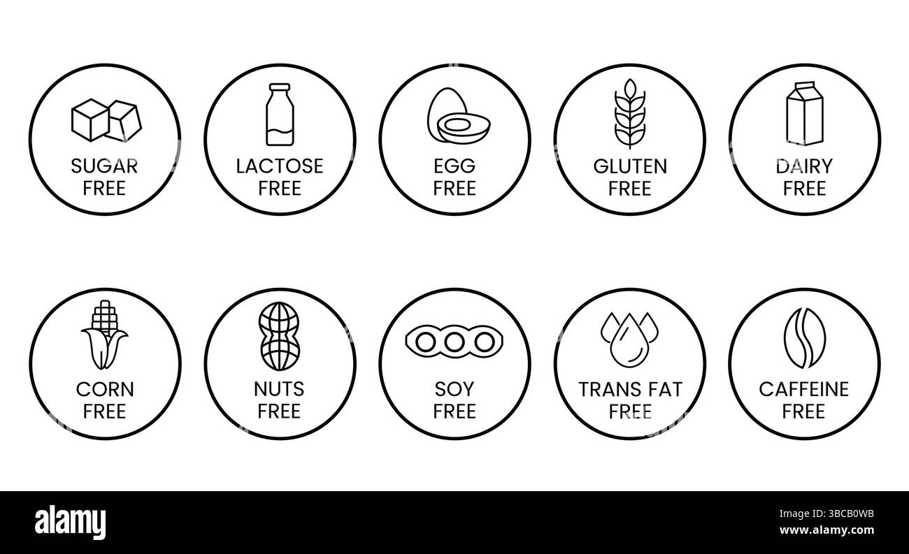 Symbole zum Freisetzen von Allergenen. Allergenfreie Produkte. Warnsymbole für Produkte. Lactose, Gluten, Zucker, Mais, Ei, Transfett, Soja, Nüsse frei, Koffein-Zeichen Stock Vektor