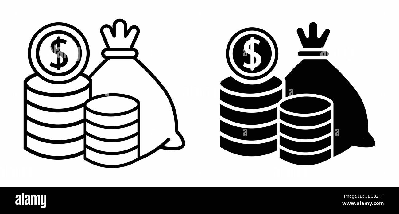 Strichgrafik und festes Symbol-Set mit Münzstapeln mit Geldbeutel Stock Vektor