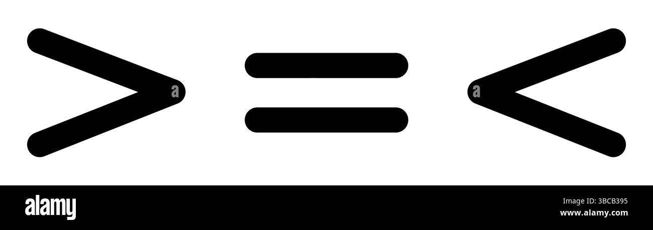 Symbol größer als, Symbol kleiner als, Zeichen größer als oder gleich und kleiner als oder gleich. Mathematische Ungleichungssymbole. Stock Vektor