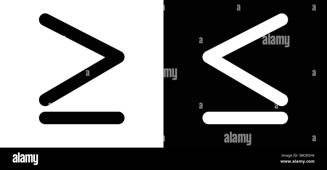 Symbol größer als, Symbol kleiner als, Zeichen größer als oder gleich und kleiner als oder gleich. Mathematische Ungleichungssymbole. Stock Vektor
