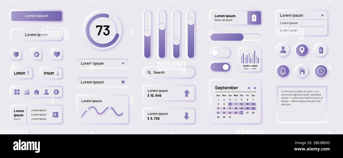 UI-Schaltflächen. Design-Elemente der Schnittstelle. Web-App-Kit oder Website-Kalender-Symbole. Anwendungsvorlage für Benutzer. Suchleiste des Browsers. Indikatordiagramm. Kalenderrahmen. Vektoranwendung Neumorphe Symbolgruppe Stock Vektor