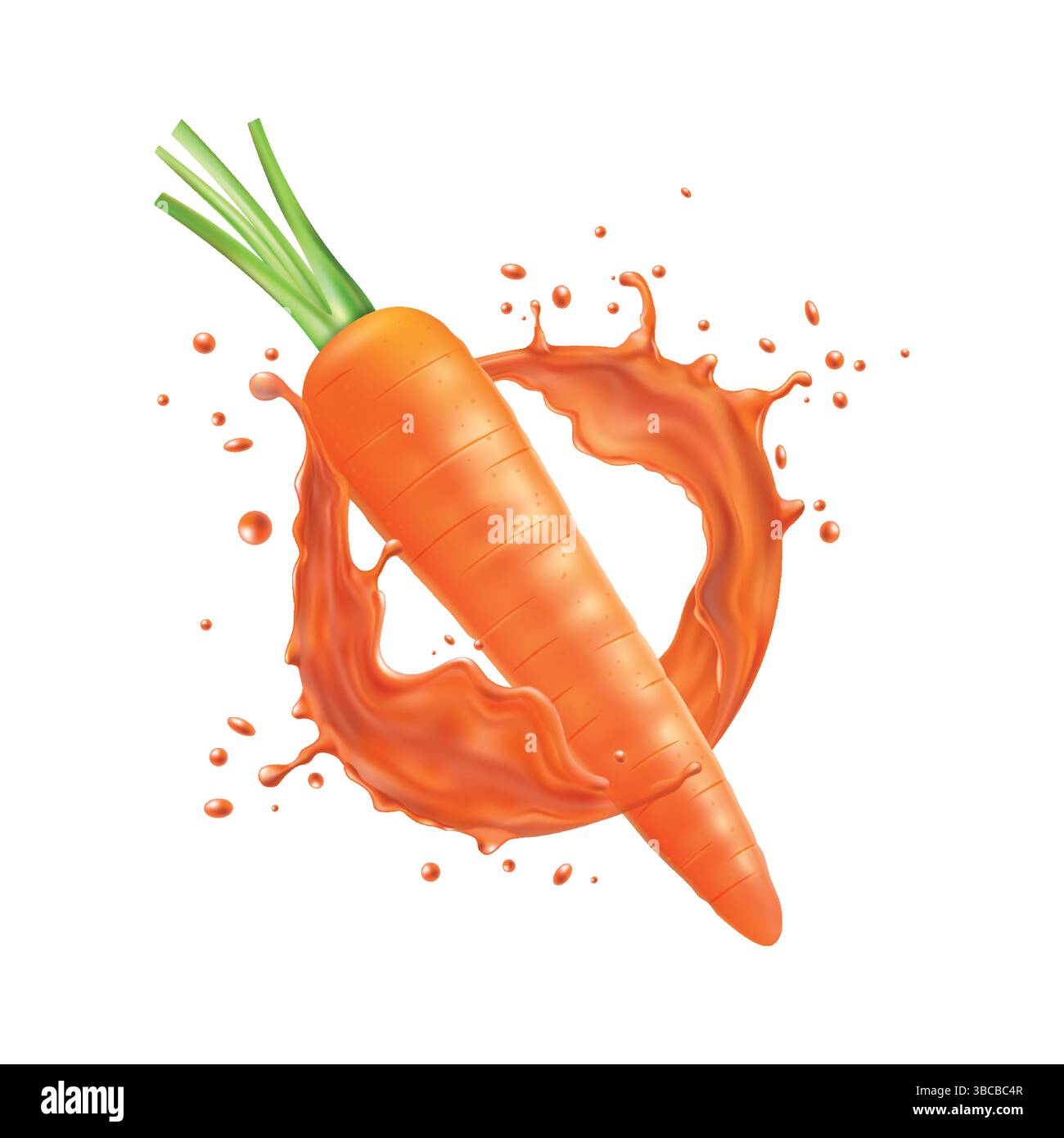 Karottensaft. Orangefarbener 3D-Spritzer. Realistisches pflanzliches Vitamin oder frischer Obstsalat. Veganes Diätgetränk. Sommer transparentes Wassergetränk. Natürliche Flüssigkeit Stock Vektor