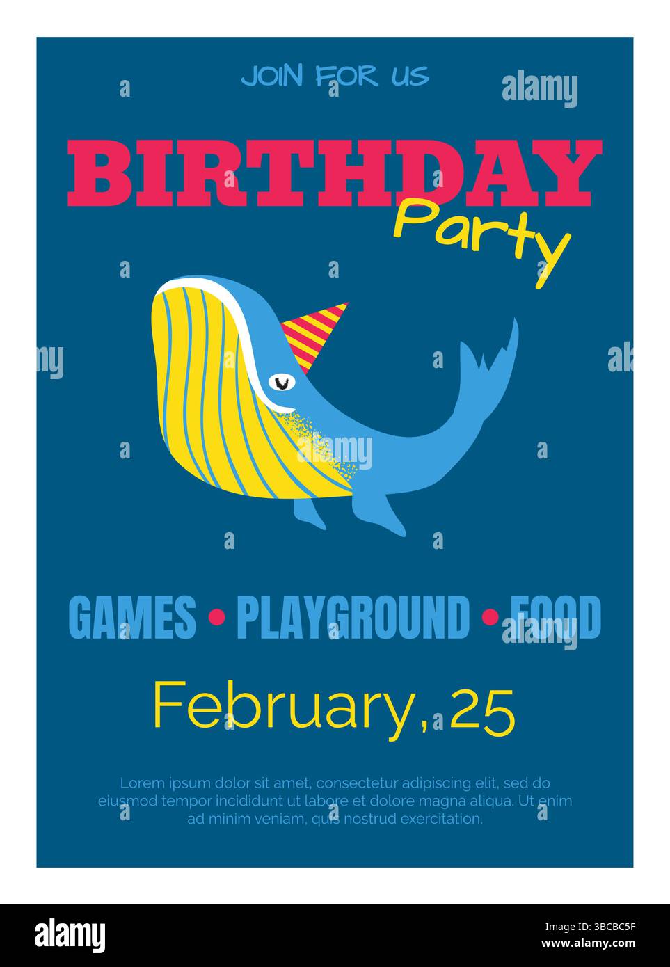 Glückwunschkarte zum Geburtstag. Kinderurlaub. Geburtsparty. Baby-Jubiläumsfeier. Kindliche Walzeichnung. Niedliches Meerestier. Kinderpostkarte. Festliche Mütze. Kinder Event Einladung Vektor Design Stock Vektor