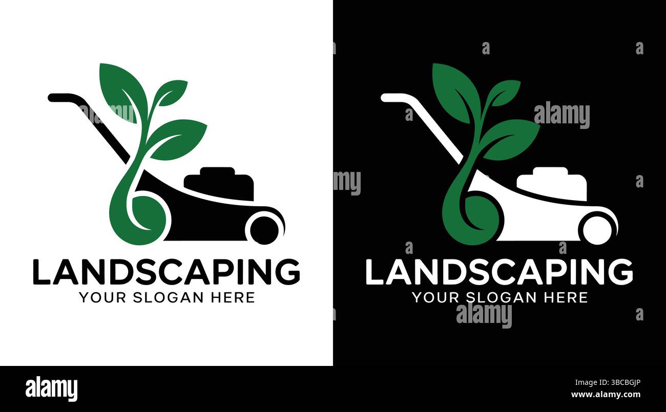 Ein robustes schwarzes Logo, das Rasenmäher und Blattpflanzen kombiniert und für Landschaftsbaubetriebe und Gartenpflegedienste entwickelt wurde. Perfekt für die Rasenpflege Stock Vektor
