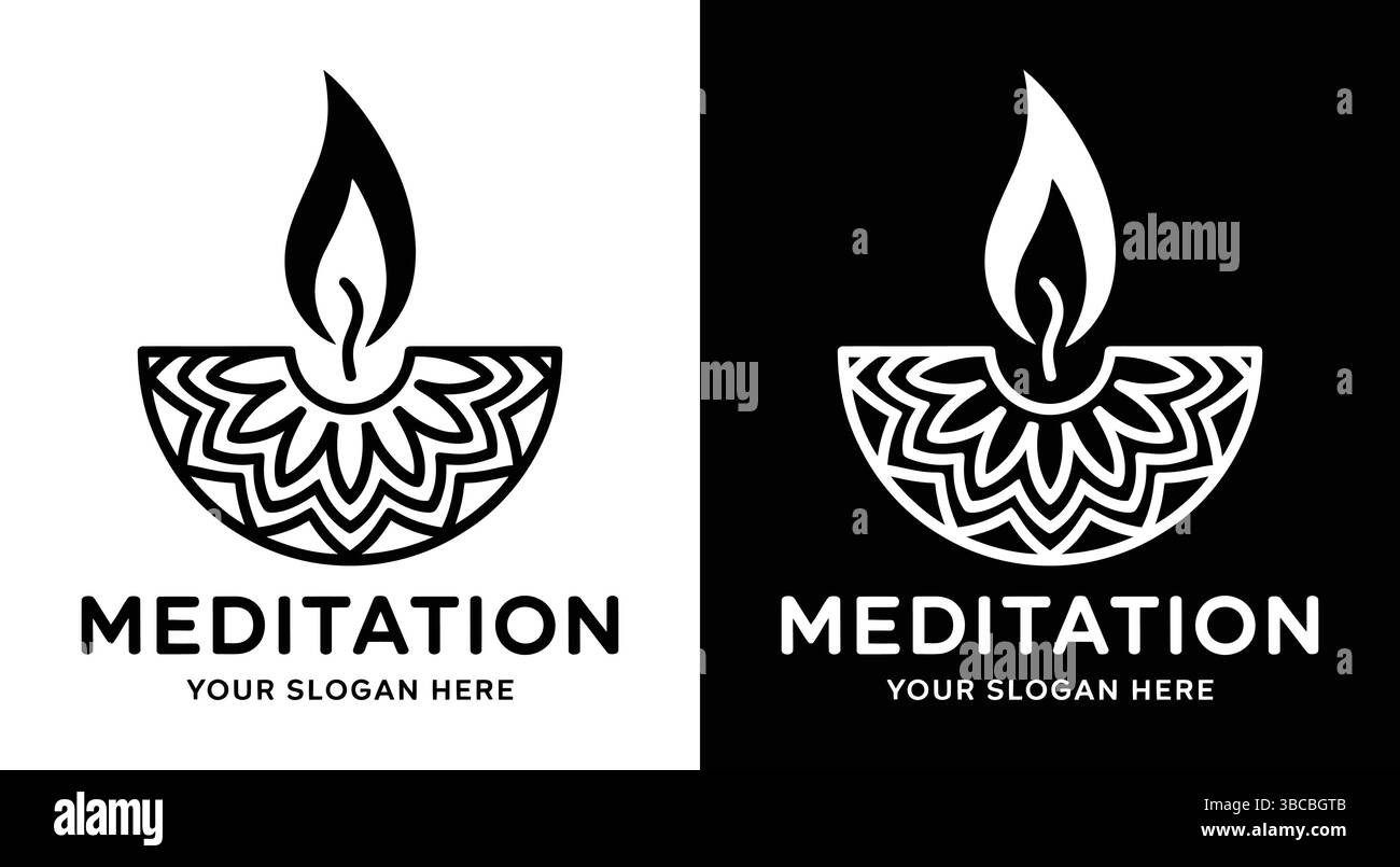 Ein ruhiges, aber kraftvolles schwarzes Logo, das Mandala-Kunst mit einem Flammenmotiv verbindet und inneren Frieden und spirituelle Energie repräsentiert. Perfekt für Meditationszentrum Stock Vektor