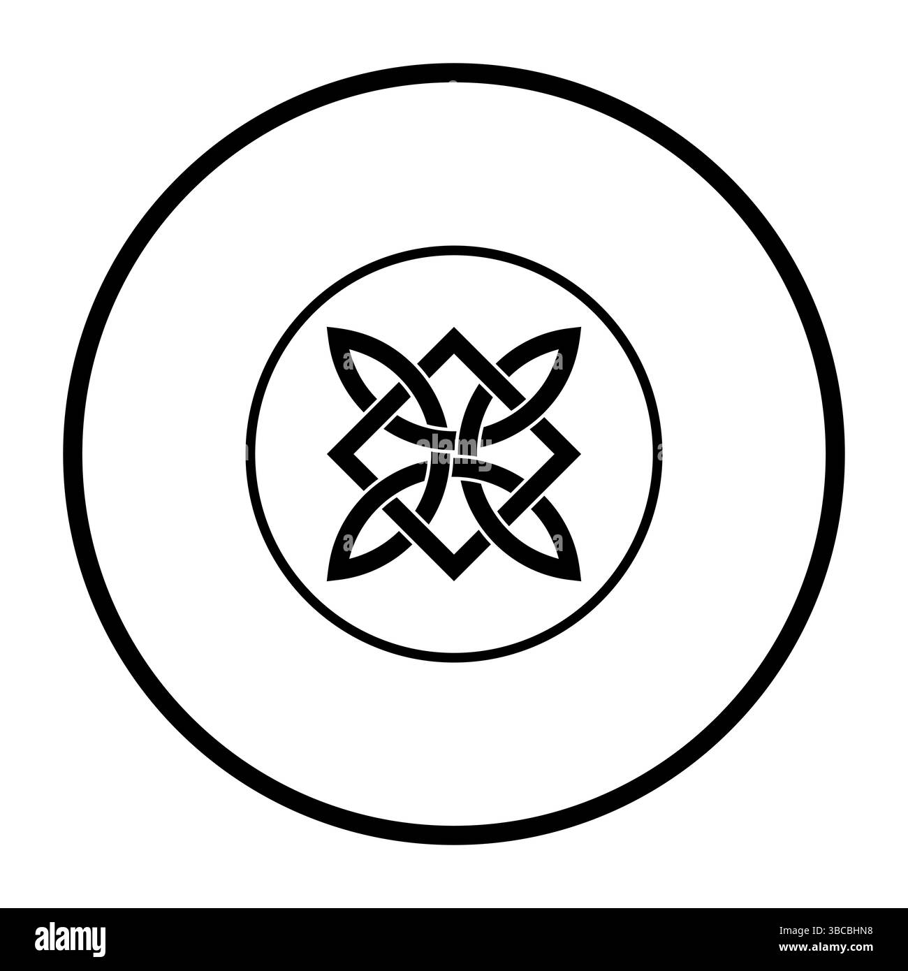 Schnittkreismuster mit dem Motiv eines keltischen Vierknotens und eines ineinander verflochtenen Quadrats. Endlos verbundene Bögen, verwoben mit einem Quadrat. Stockfoto