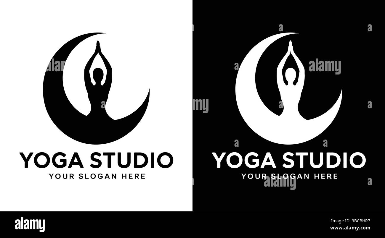 Ein harmonisches schwarzes Logo, das eine Yoga-Silhouette mit einem Mondsichel verbindet und innere Balance und nächtliches Training verkörpert. Perfekt für Yoga-Studios, Medita Stock Vektor